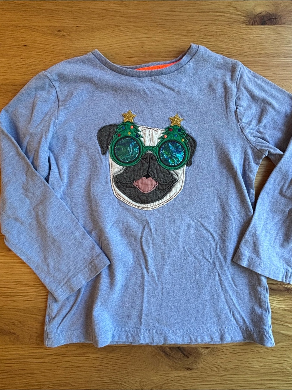 Mini Boden Light Blue Long-Sleeve Tee with Pug and Sparkly Green Sunglasses